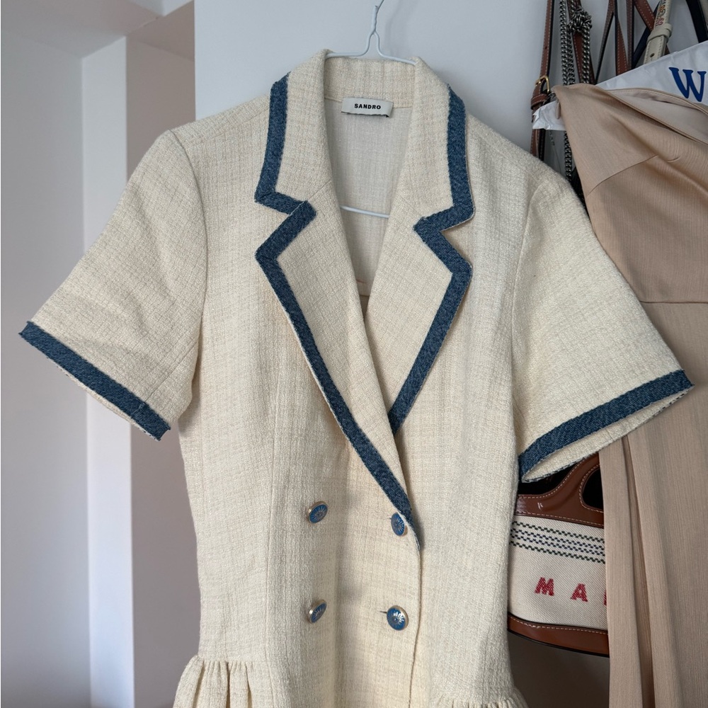 Sandro Cream Mini Dress with Blue Trim - Picture 4 of 6